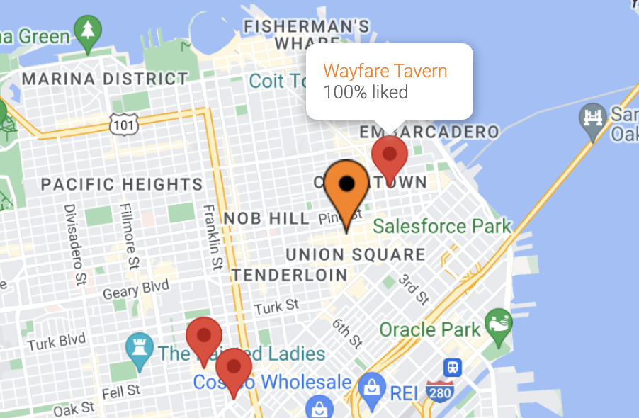 A screenshots of the map version of the results page, where a handful of pins are dropped on a San francisco maps indicating the best places for a particular search.
